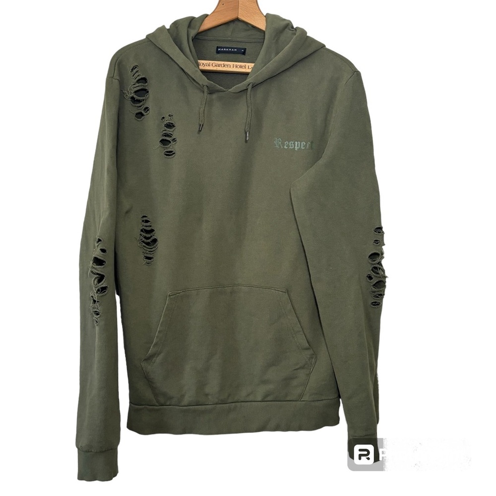 MARKHAM Olive Green distressed Respect Hoodie with kangaroo pocket. Men’s M